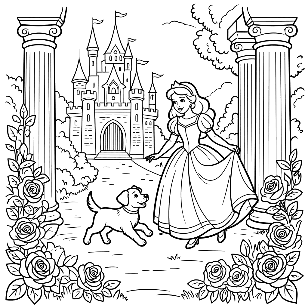 Princesa brincando com cachorrinho para colorir