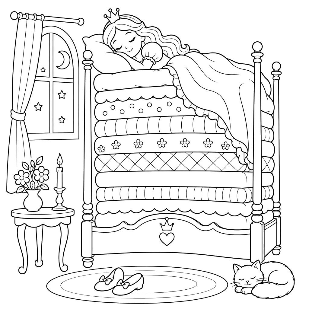 Desenho para colorir princesa dormindo em colchões