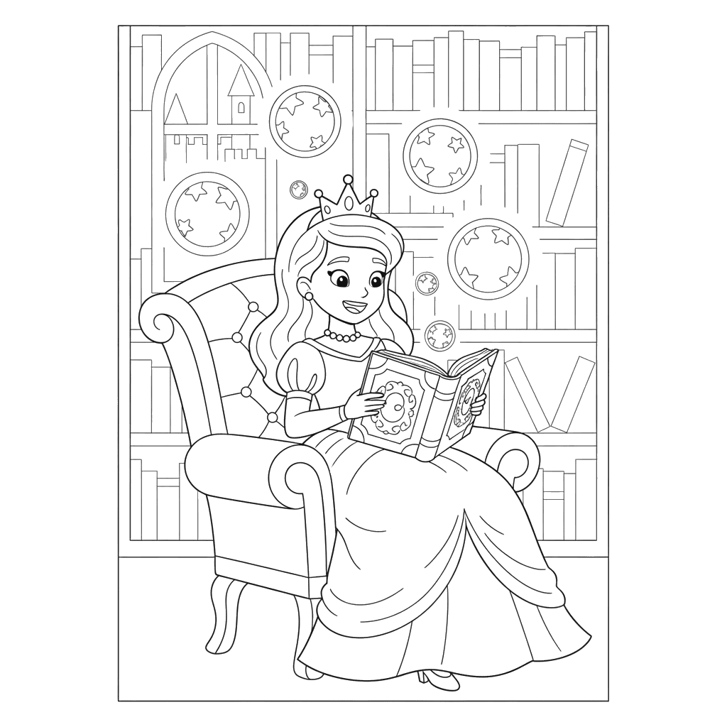 Prinzessin liest Zauberbuch Ausmalbild
