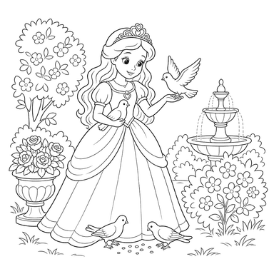 Coloriage : Princesse avec des pigeons dans le jardin