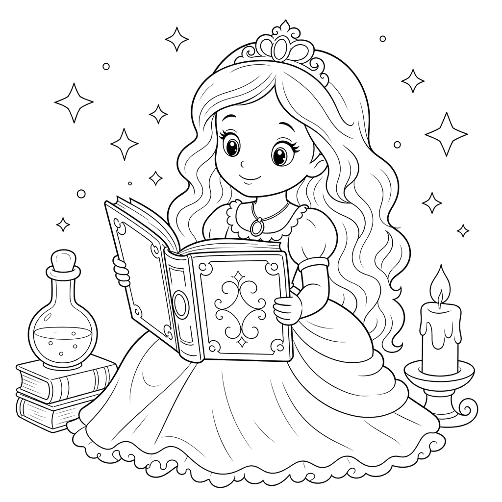 Desenho para colorir: princesa com livro mágico de feitiços