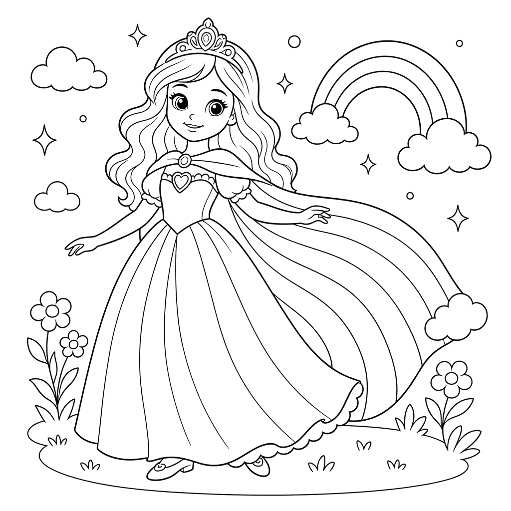 Desenho para colorir: princesa com capa arco‑íris