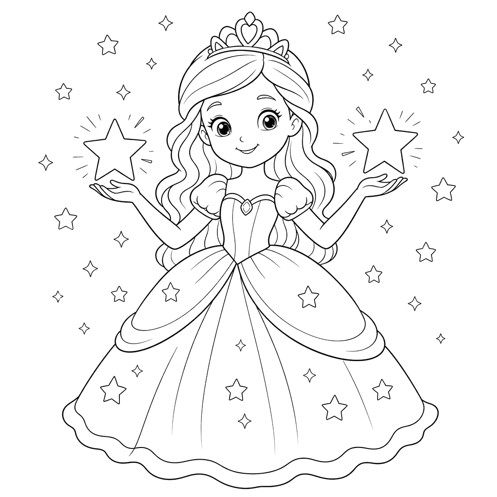 Desenho para colorir: princesa com estrelas brilhantes