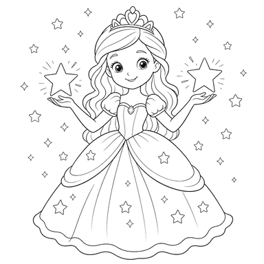 Dibujo para colorear: princesa con estrellas brillantes