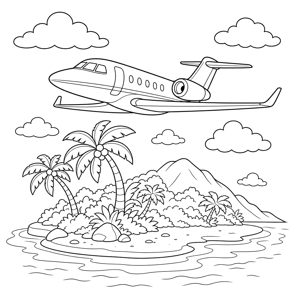 Jet privé au-dessus d'une île tropicale