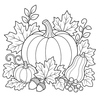 Natureza morta com abóbora e folhas — Desenho para colorir