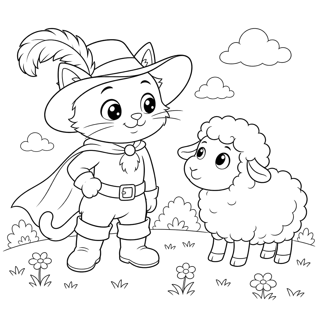 Dibujo para Colorear Gato con Botas y Oveja Kawaii