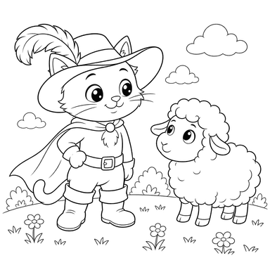 Coloriage Le Chat Botté et Mouton Kawaii