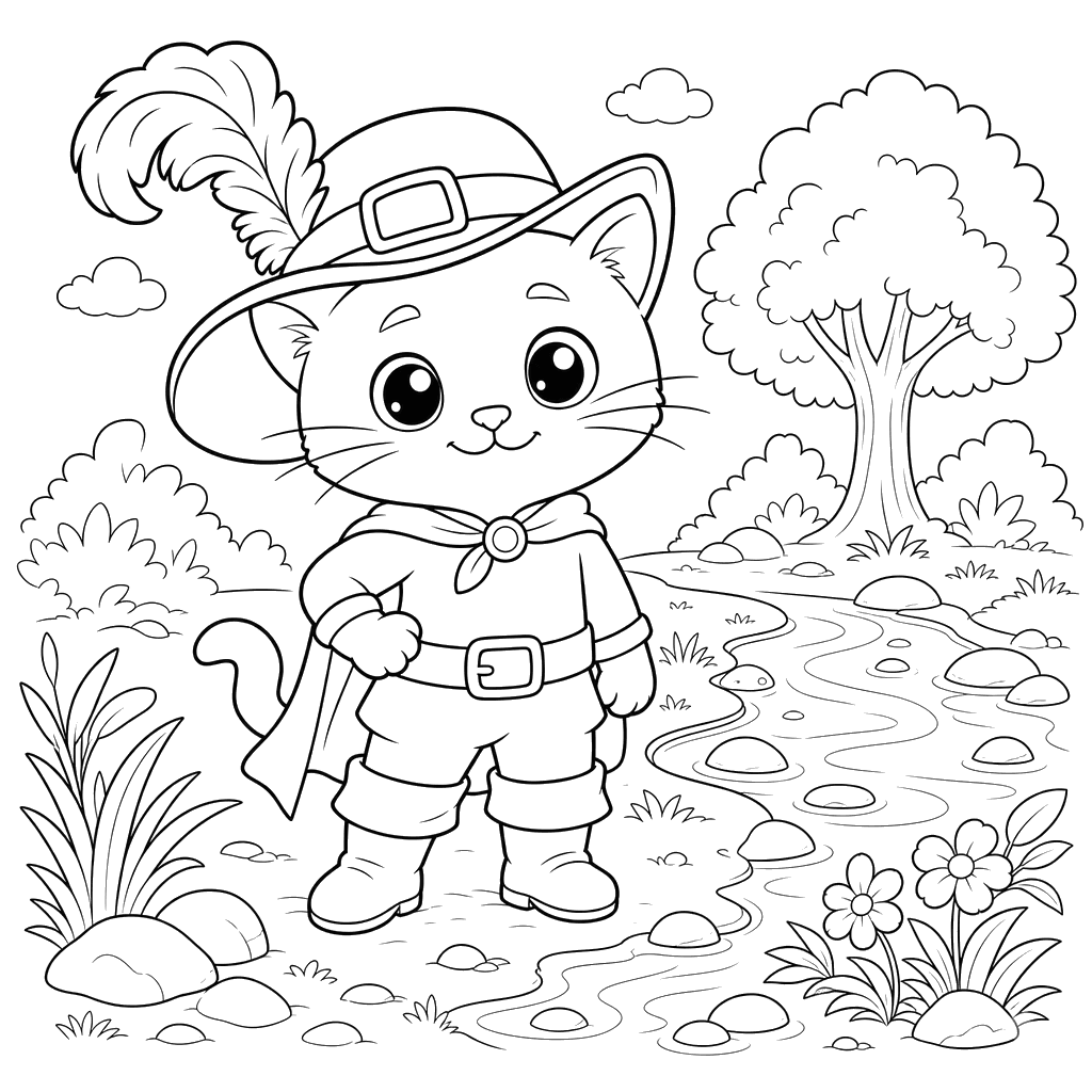 Dibujo para Colorear El Gato con Botas en el Arroyo