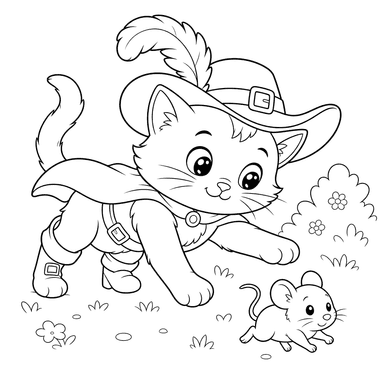 Dibujo para colorear kawaii El Gato con Botas atrapa un ratón