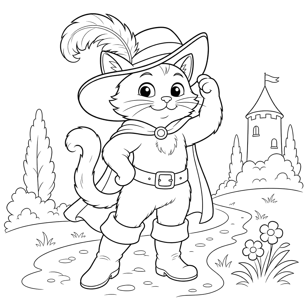 Dibujo para colorear del Gato con Botas y Pluma