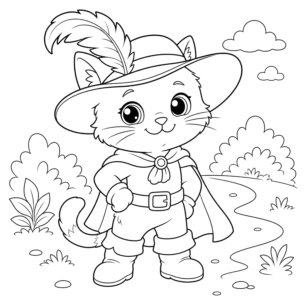 Dibujo para colorear Gato con Botas y Sombrero de Plumas