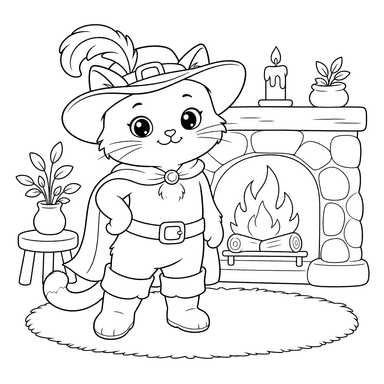 Ausmalbild Gestiefelter Kater am Kamin
