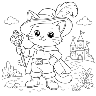 Coloriage Le Chat Botté avec une Clé d'Or