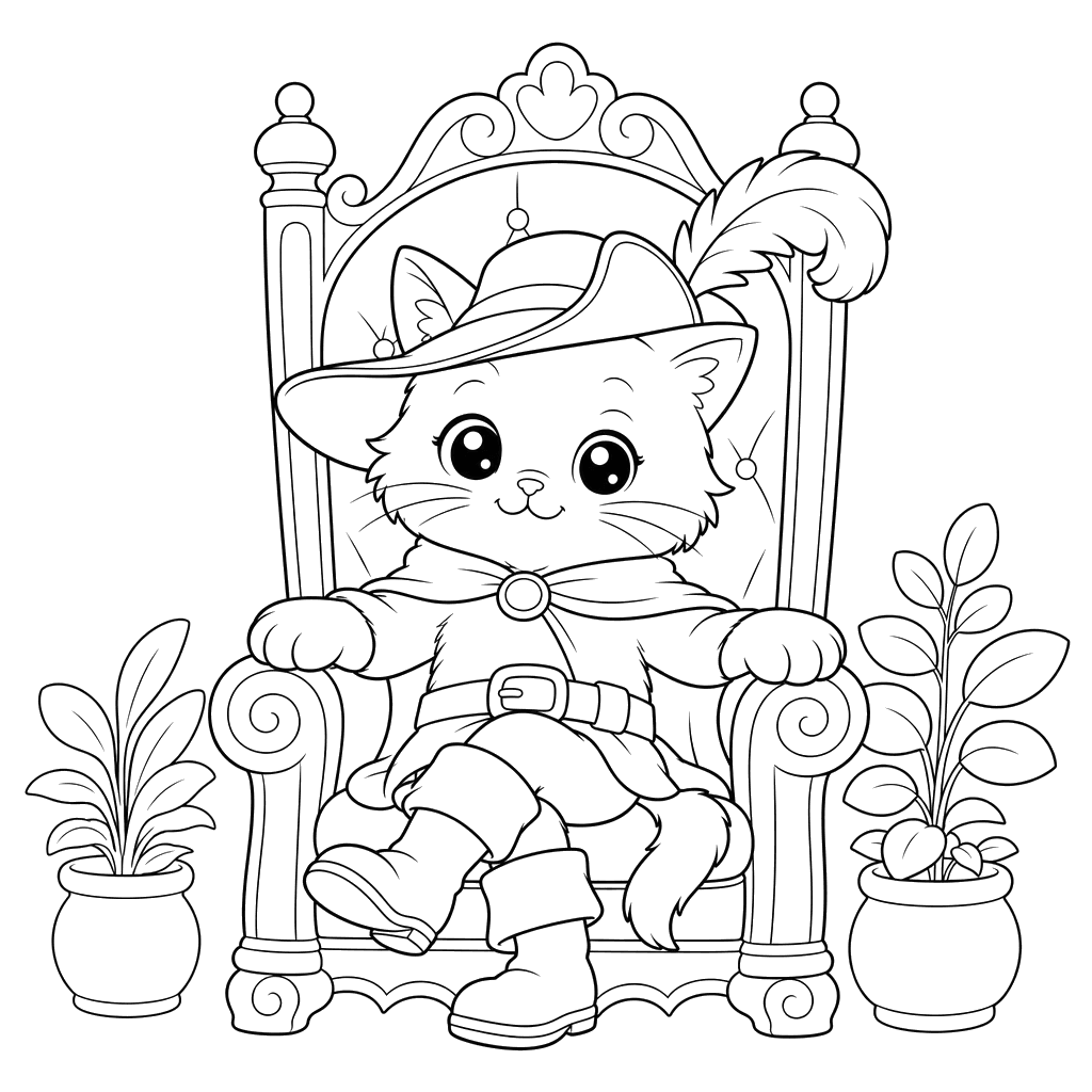 Coloriage Le Chat Botté sur son Trône