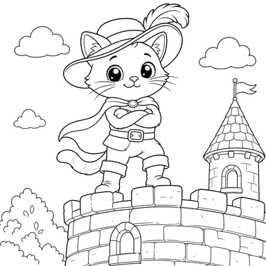 Gestiefelter Kater auf der Mauer Ausmalbild