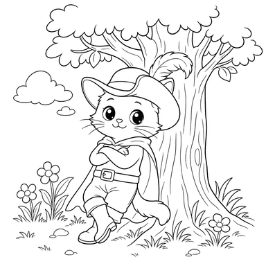 Ausmalbild Gestiefelter Kater unterm Baum