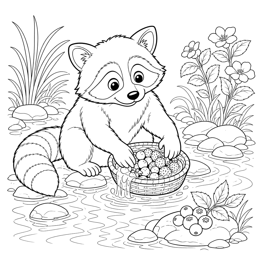 Ausmalbild Waschbär wäscht Beeren