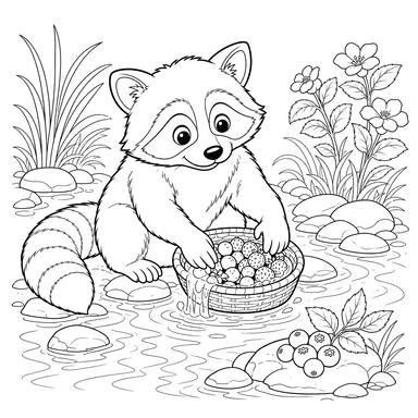 Ausmalbild Waschbär wäscht Beeren