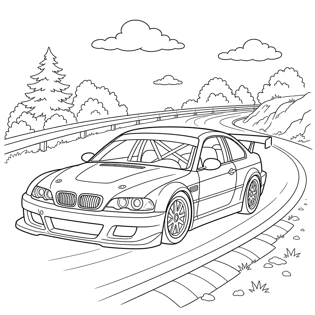 Ausmalbild Rennwagen in der Kurve