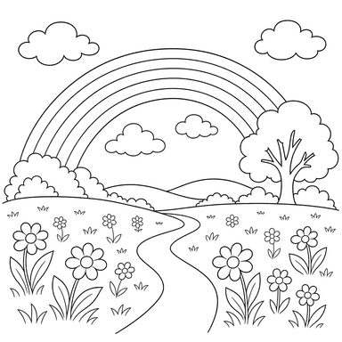Arco‑íris sobre um campo: desenho para colorir