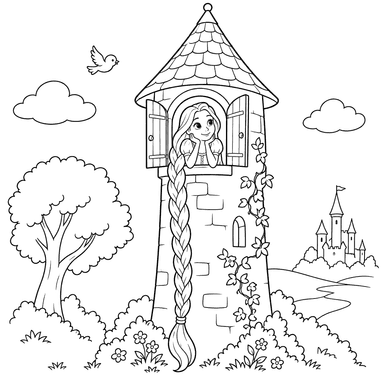 Rapunzel am Turm – Ausmalbild