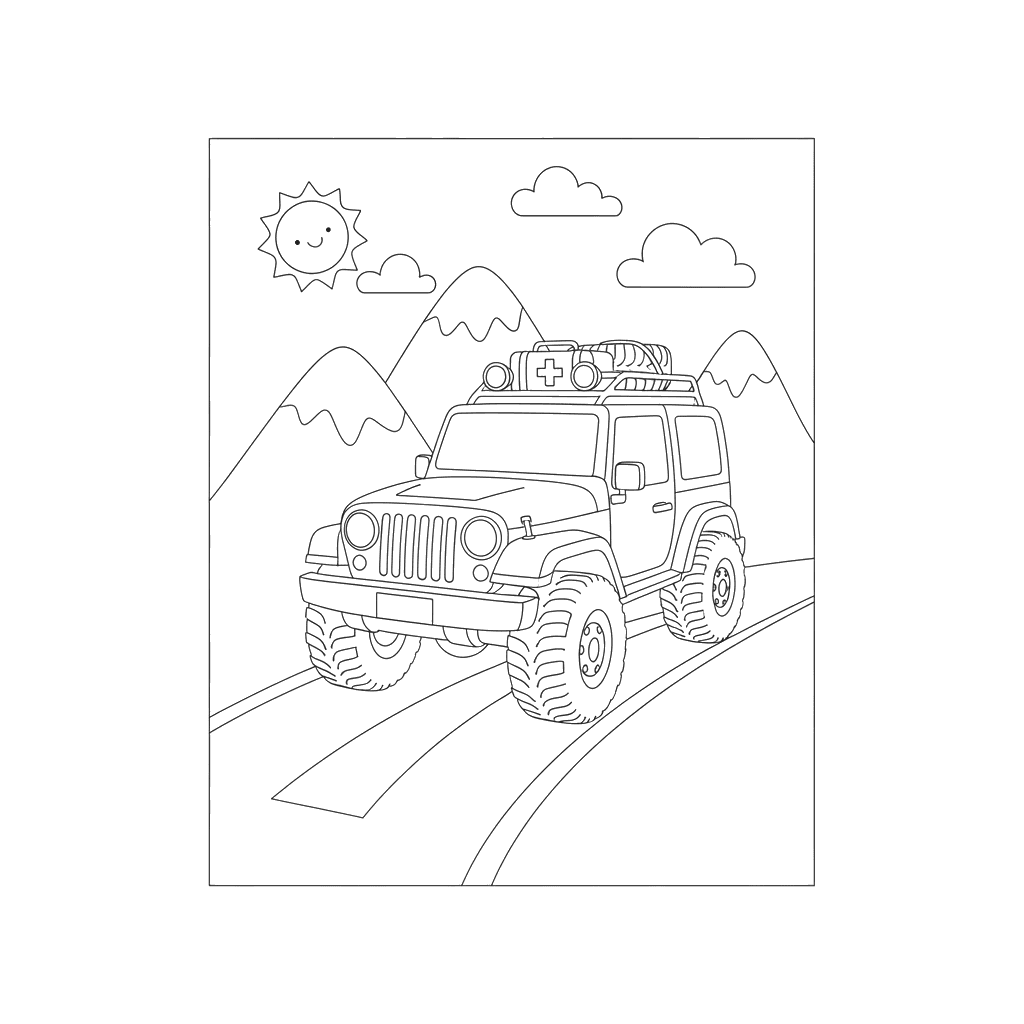 Ausmalbild Rettungsjeep auf Bergstraße