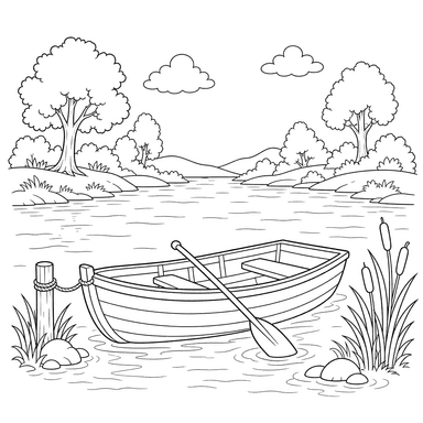Desenho para colorir: paisagem rio com barco