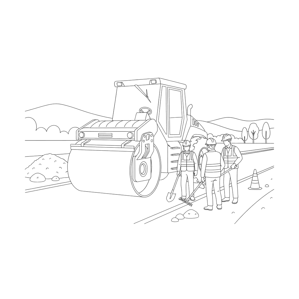 Dibujo para Colorear: Apisonadora en una Carretera Nueva