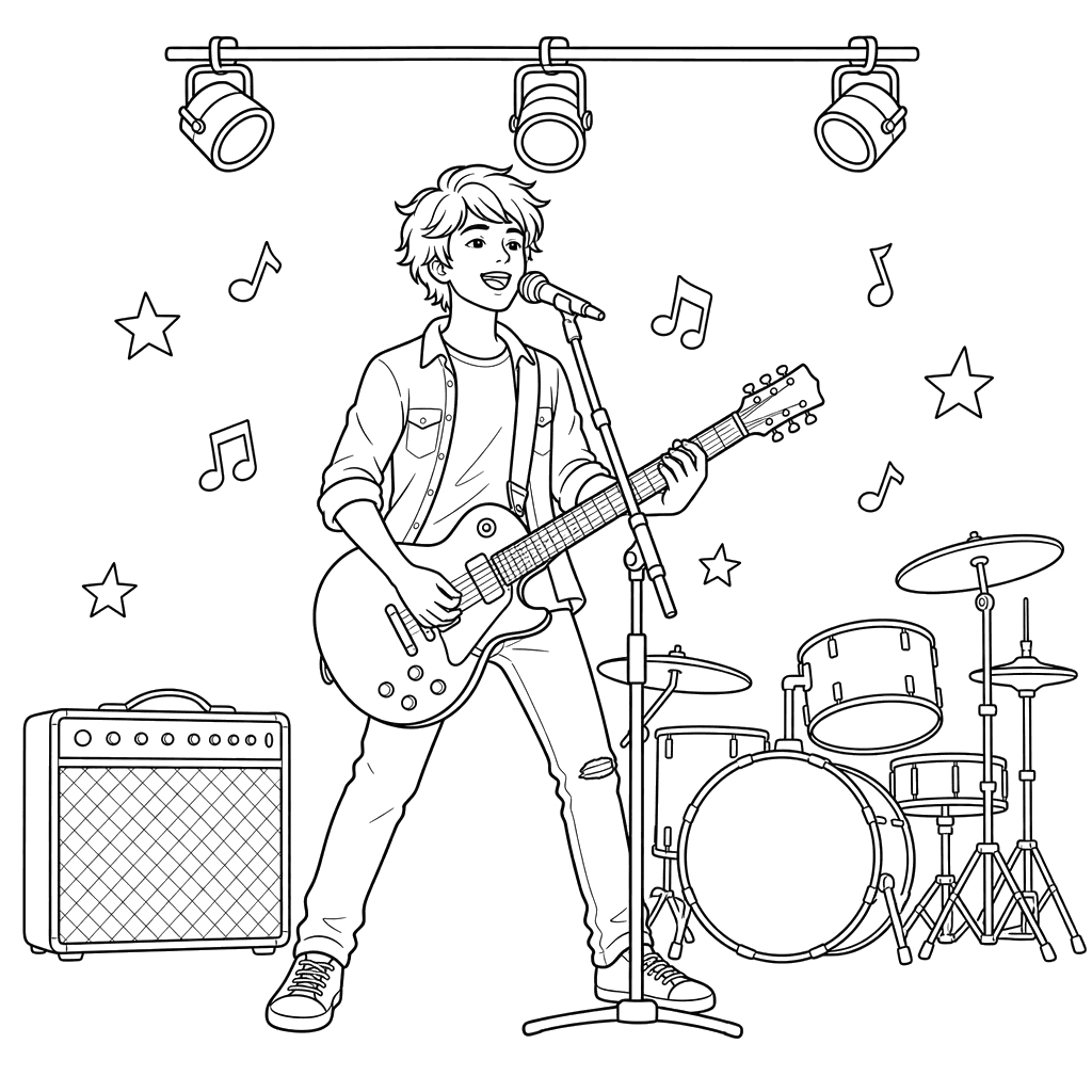 Ausmalbild Rocksänger mit Gitarre