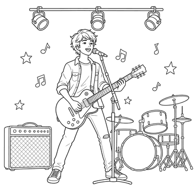 Rock Singer with Guitar Coloring Page