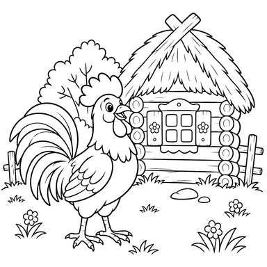 Gallo junto a la cabaña: dibujo para colorear