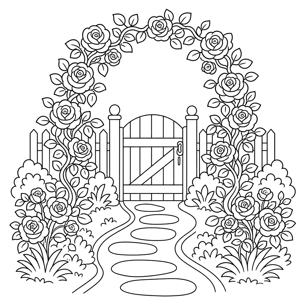Ausmalbild: Rosenbögen und Gartentor