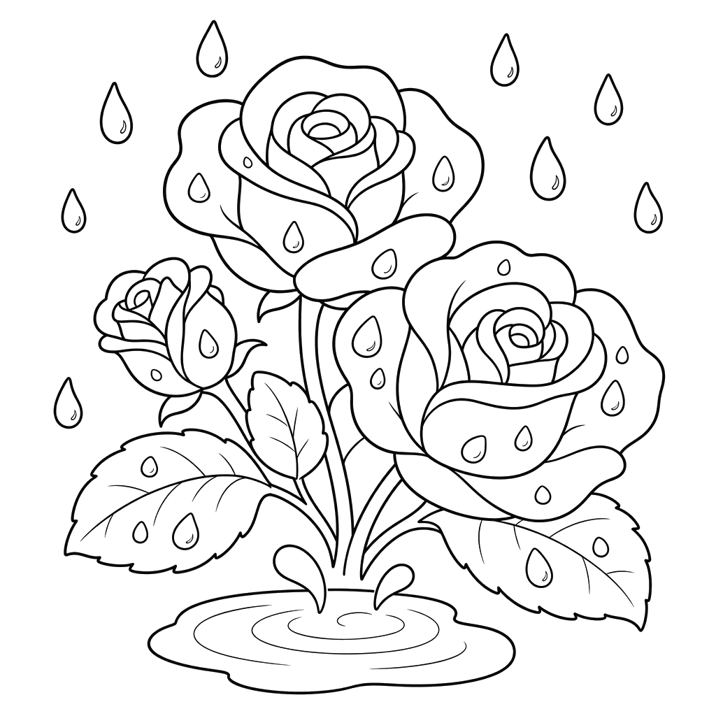 Rosas na chuva com pequeno charco para colorir