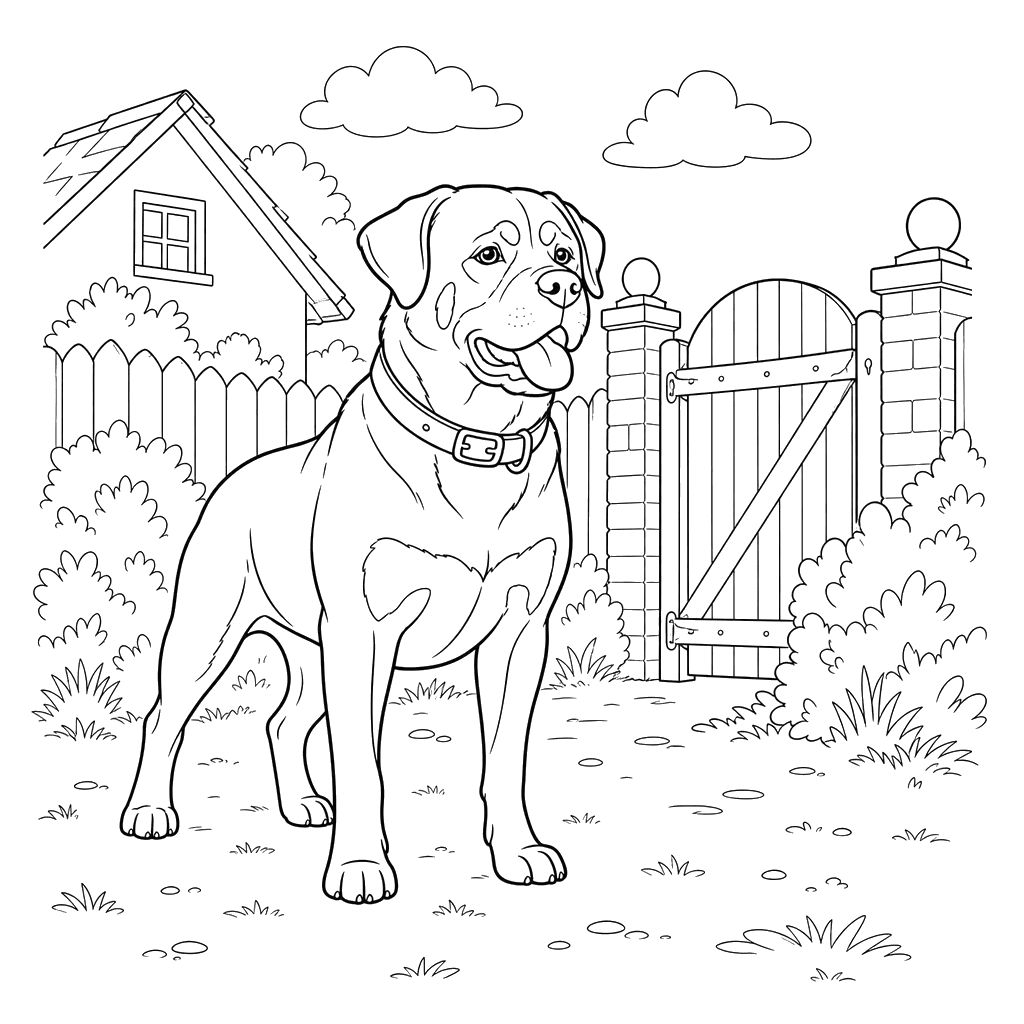 Desenho para colorir: um Rottweiler guarda o quintal
