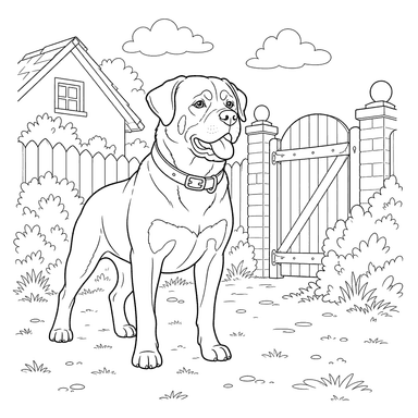 Desenho para colorir: um Rottweiler guarda o quintal