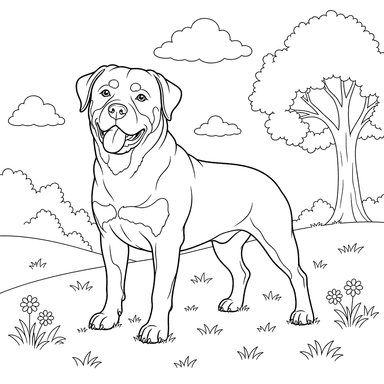Rottweiler sur une colline verte - coloriage