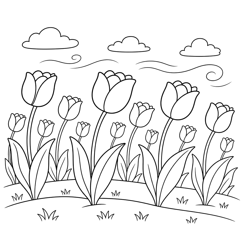 Reihen von Tulpen im Frühlingswind – Ausmalbild für Kinder 6–8