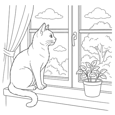 Coloriage Chat Bleu Russe à la Fenêtre