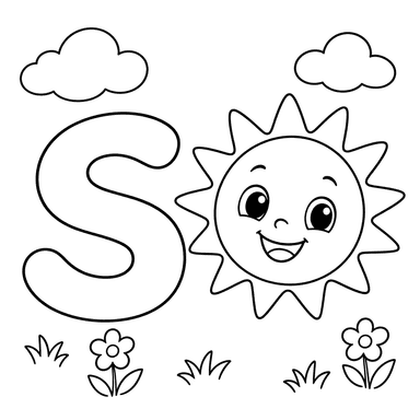 Dibujo para colorear de la letra S y sol sonriente
