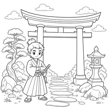 Ausmalbild: Samurai vor Torii‑Tor