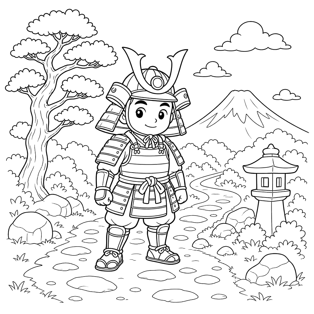 Samurai em armadura em uma trilha — desenho para colorir