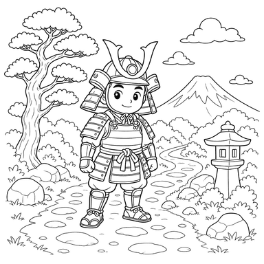 Samurai in Rüstung auf einem Pfad — Ausmalbild