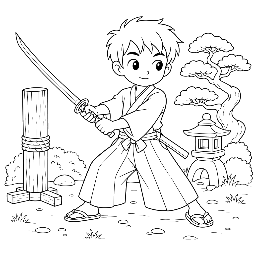 Ausmalbild: Samurai trainiert mit Katana
