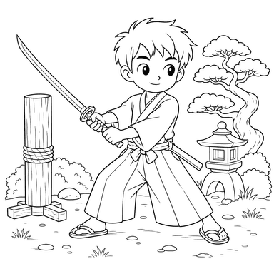 Ausmalbild: Samurai trainiert mit Katana