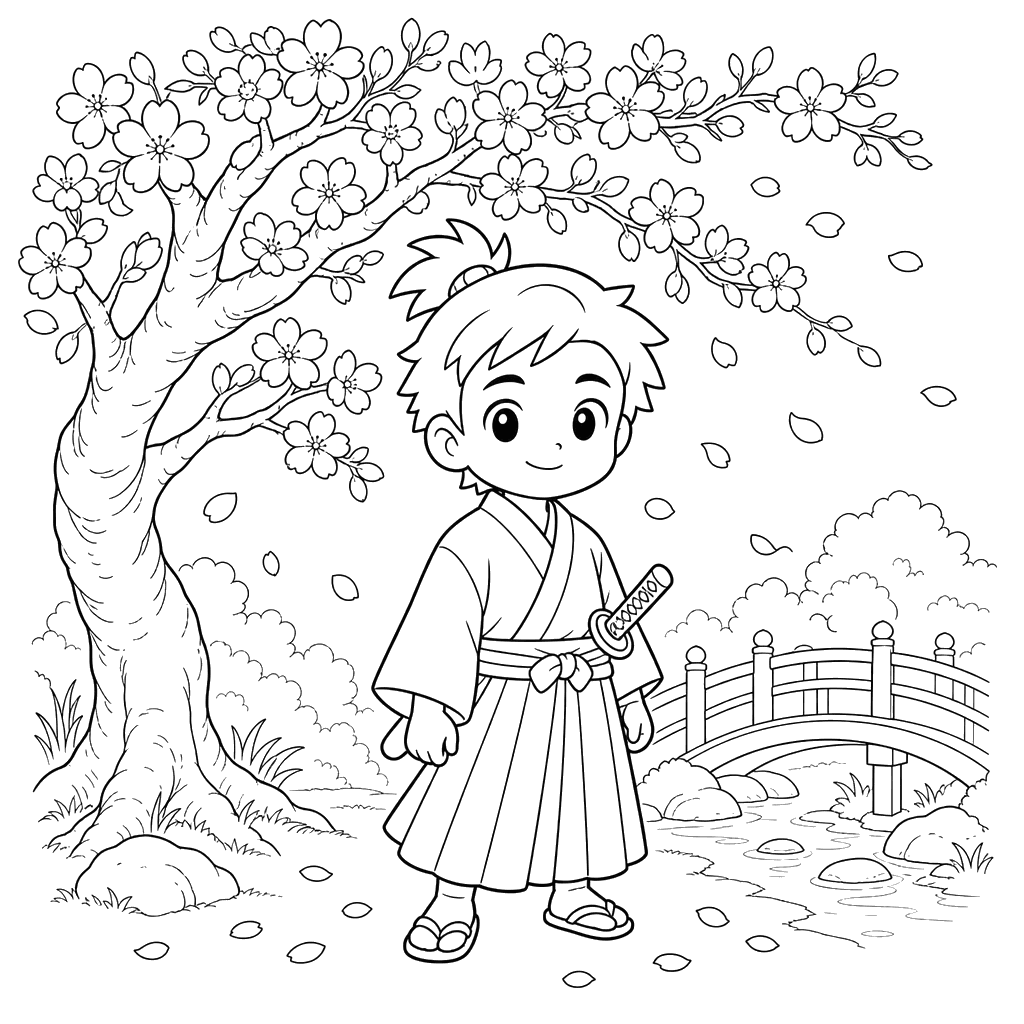 Samurai unter einer Blütenkirschbaum — Ausmalbild