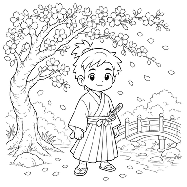 Samurai unter einer Blütenkirschbaum — Ausmalbild