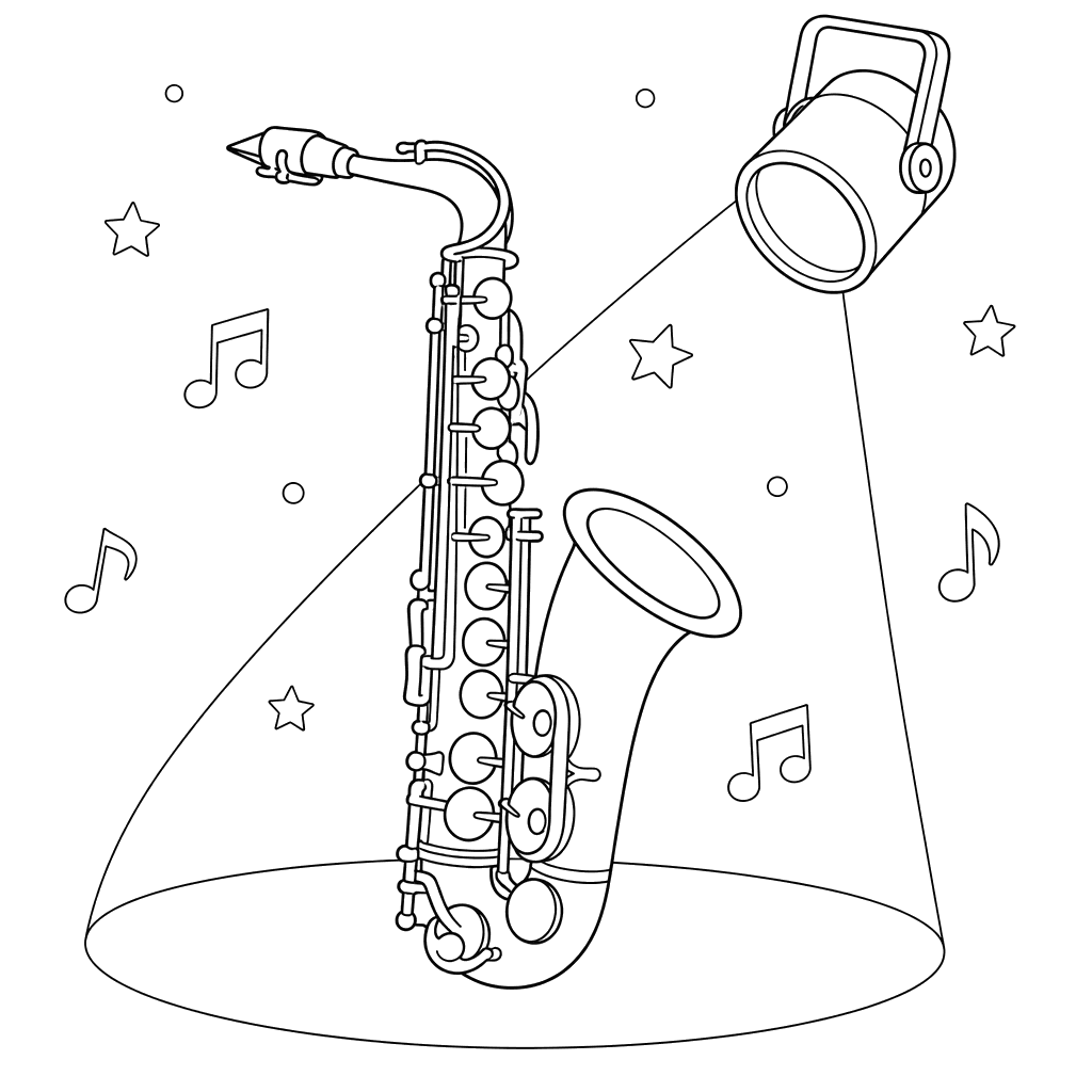 Desenho de Saxofone sob o Holofote para Colorir