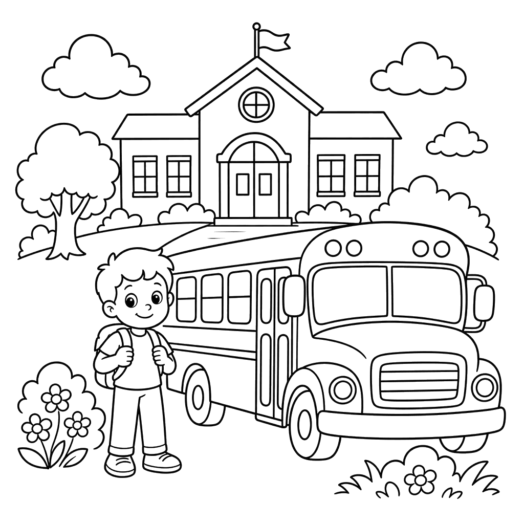 Escuela junto a un autobús escolar — dibujo