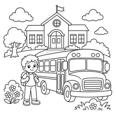 École près d'un bus scolaire — coloriage
